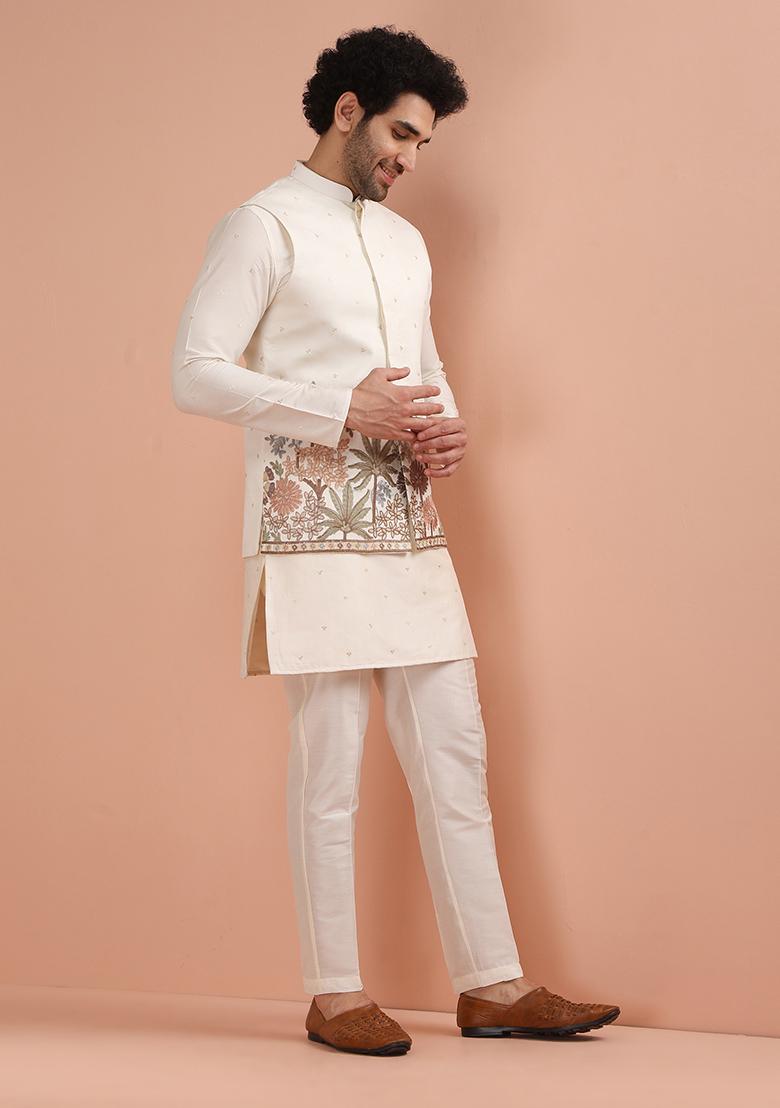 Off White Embroidered Cotton Nehru Jacket For Men