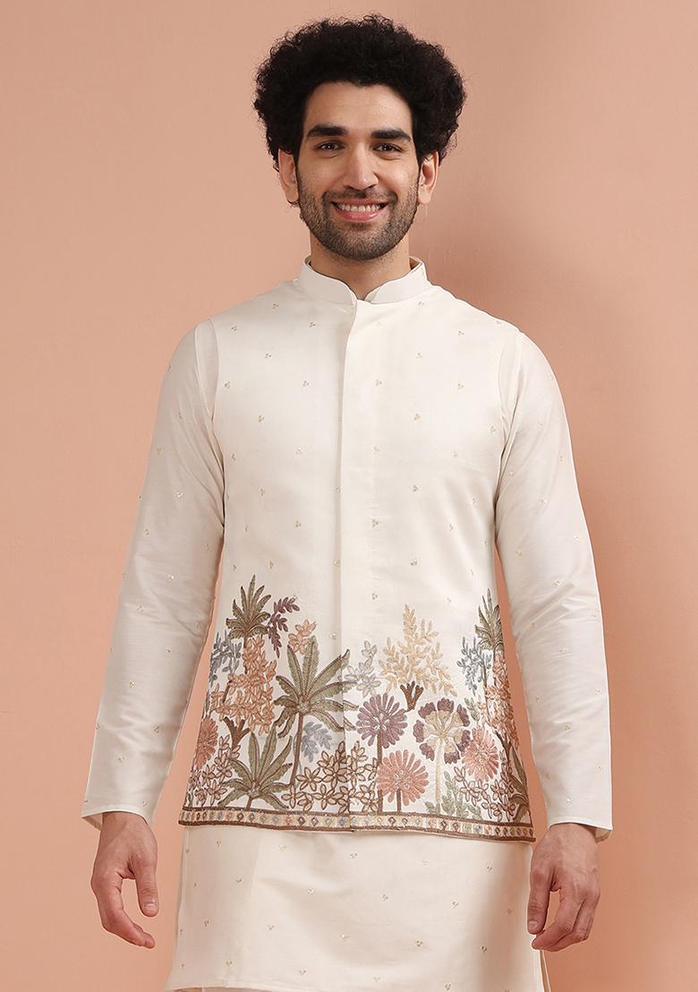 Off White Embroidered Cotton Nehru Jacket For Men