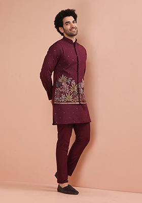 Wine Embroidered Cotton Nehru Jacket For Men