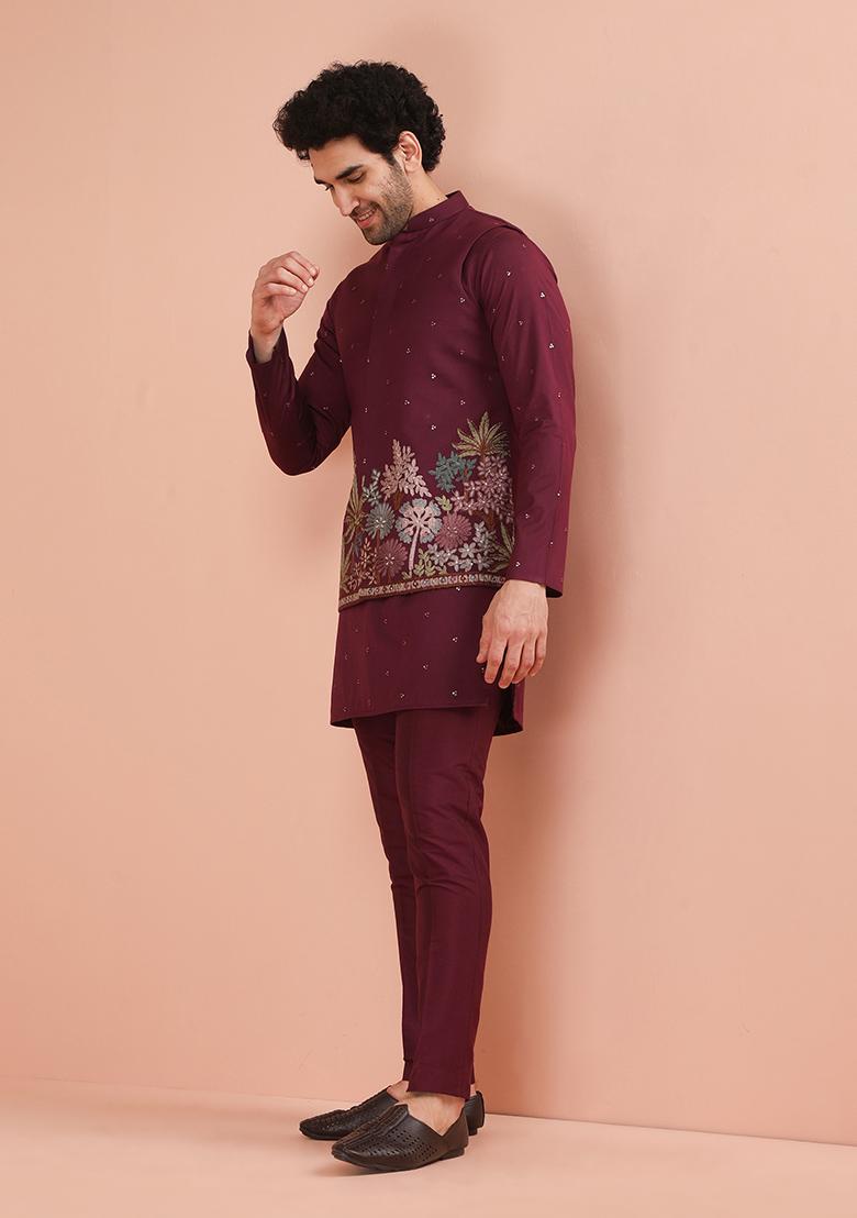 Wine Embroidered Cotton Nehru Jacket For Men