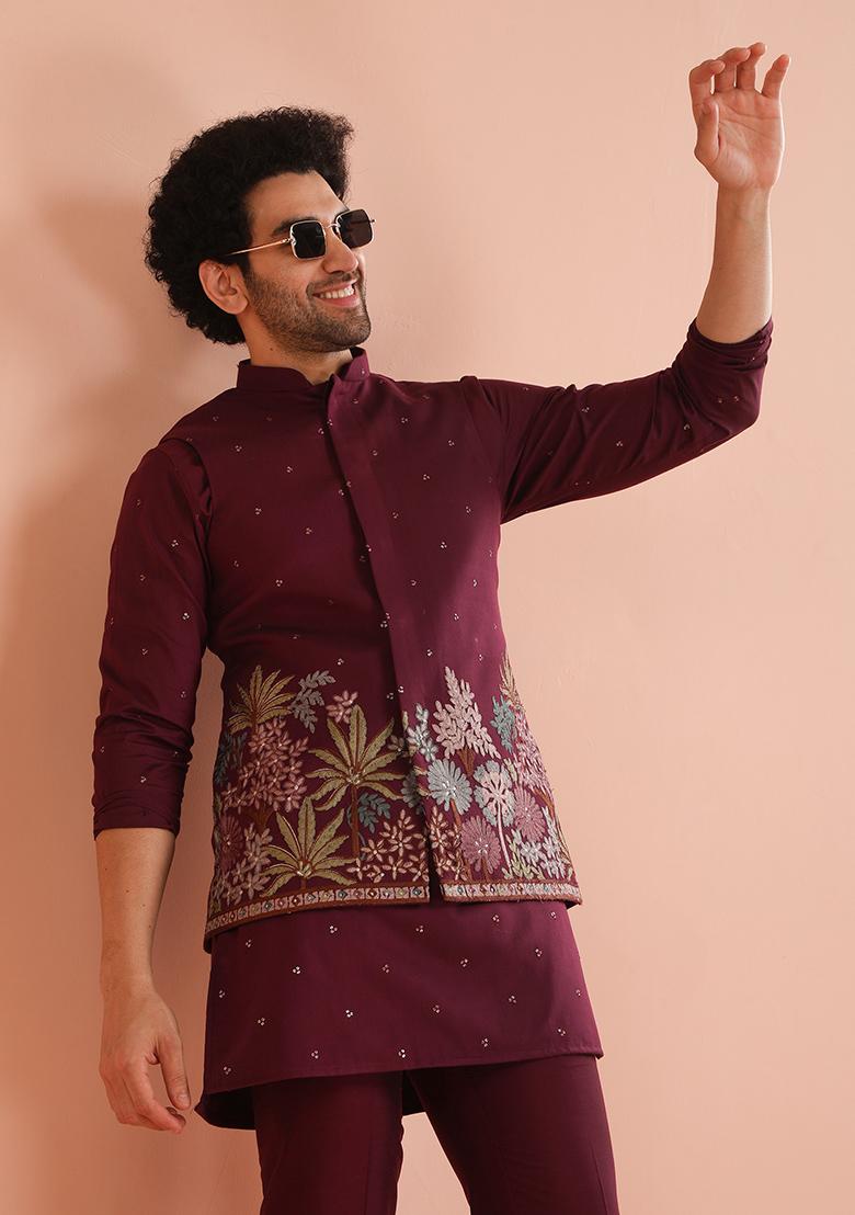 Wine Embroidered Cotton Nehru Jacket For Men