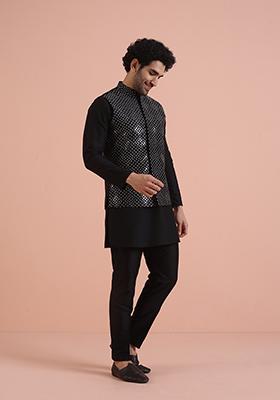 Black Embroidered Silk Nehru Jacket For Men