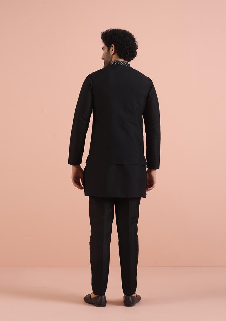 Black Embroidered Silk Nehru Jacket For Men