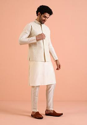 Off White Embroidered Georgette Nehru Jacket For Men
