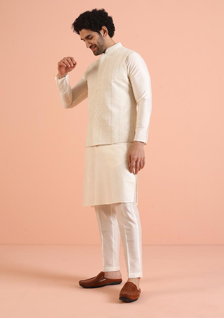 Off White Embroidered Georgette Nehru Jacket For Men