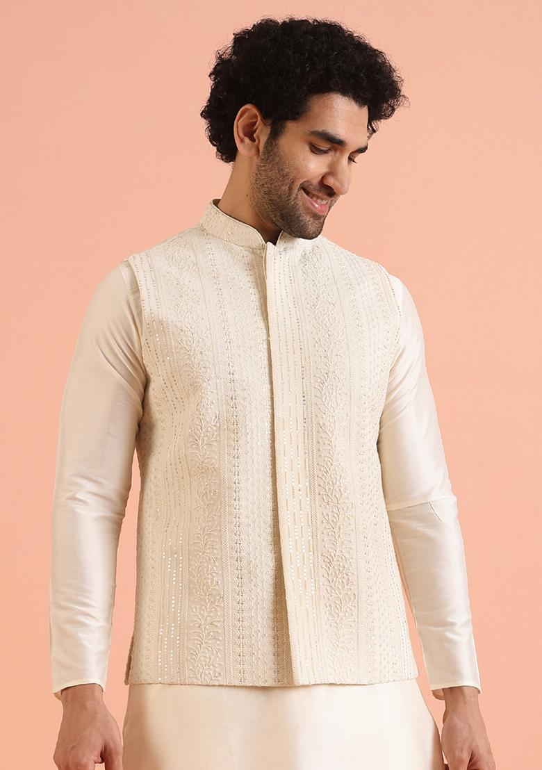 Off White Embroidered Georgette Nehru Jacket For Men