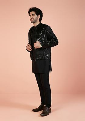 Black Abstract Print Velvet Indo Western Jacket For Men