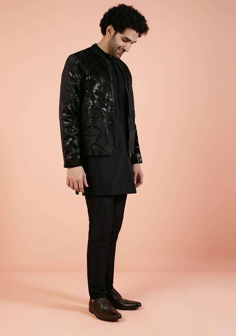 Black Abstract Print Velvet Indo Western Jacket For Men