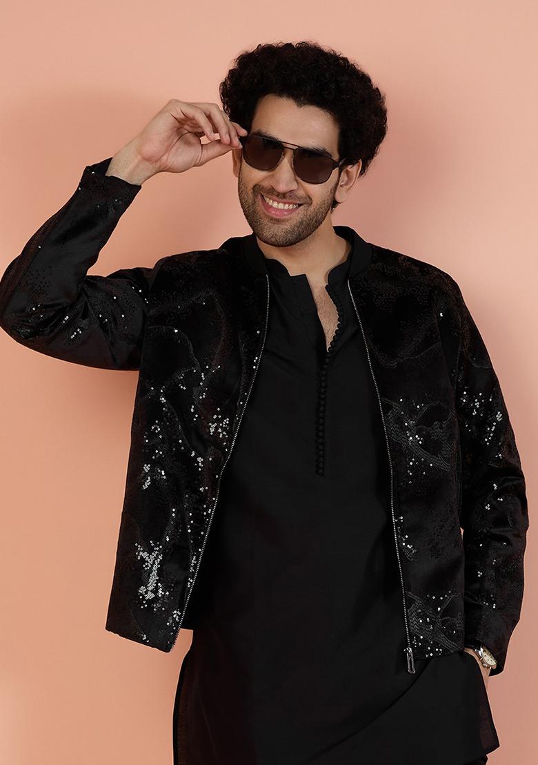 Black Abstract Print Velvet Indo Western Jacket For Men