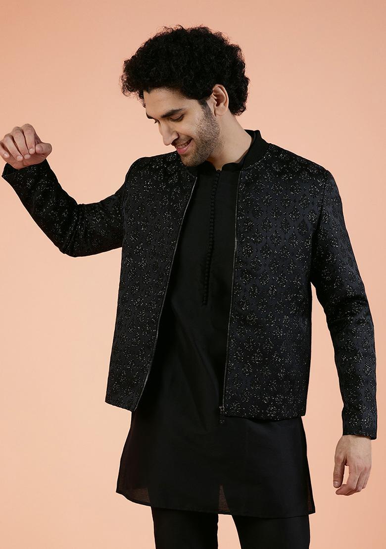 Beige Woven Design Silk Indo Western Jacket For Men