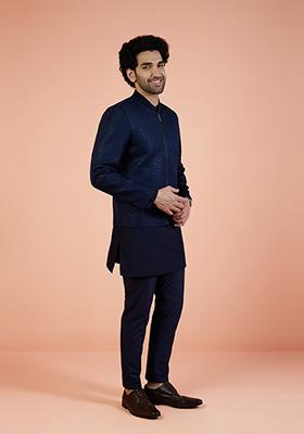 Navy Blue Woven Design Silk Indo Western Jacket For Men