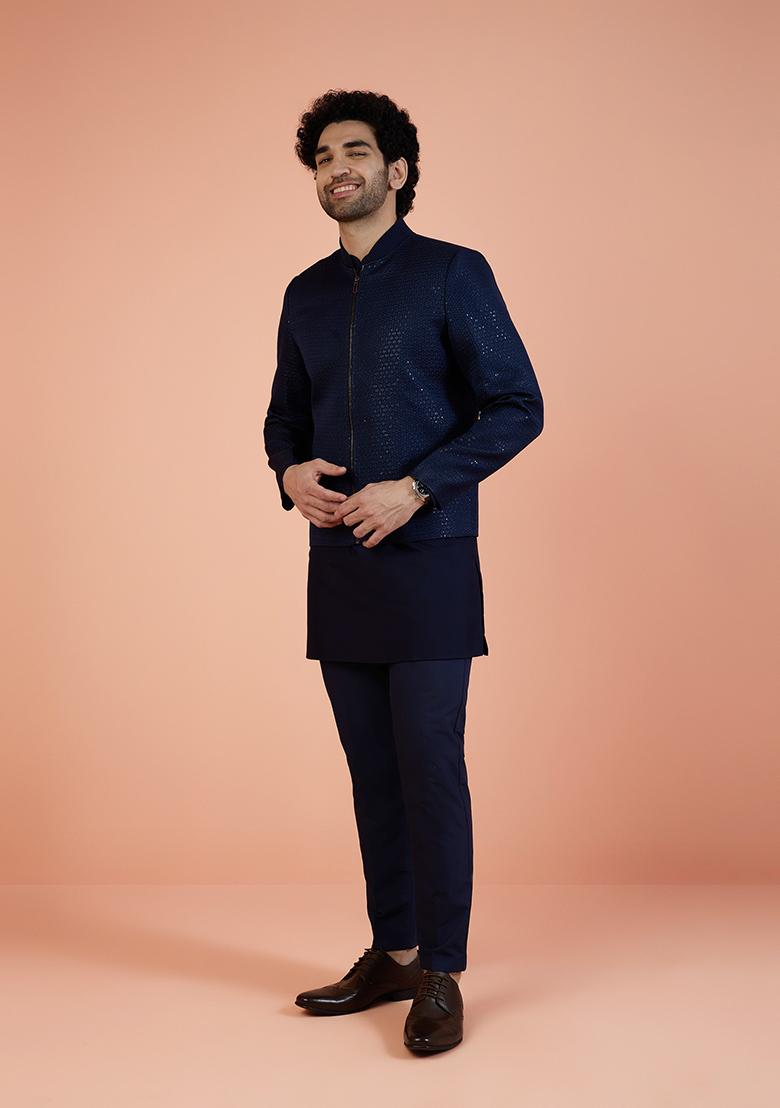 Navy Blue Woven Design Silk Indo Western Jacket For Men