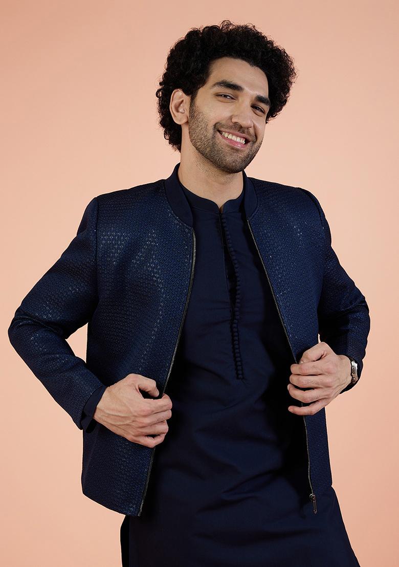 Navy Blue Woven Design Silk Indo Western Jacket For Men