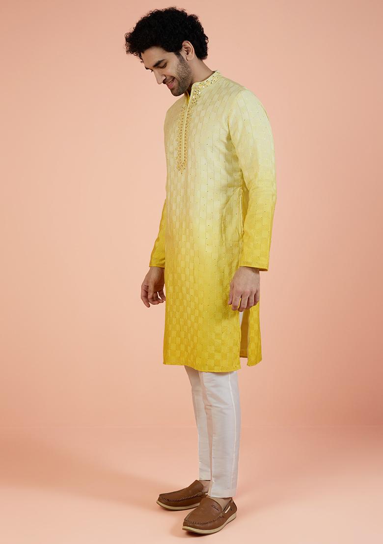 Yellow Embellished Cotton Kurta For Men