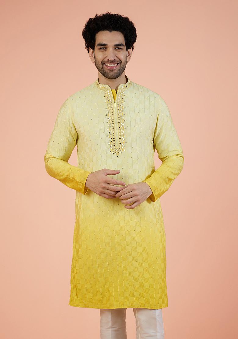Yellow Embellished Cotton Kurta For Men