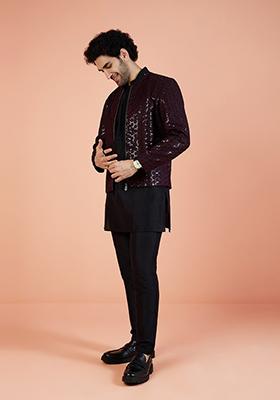 Wine Embellished Rayon Indo Western Jacket For Men