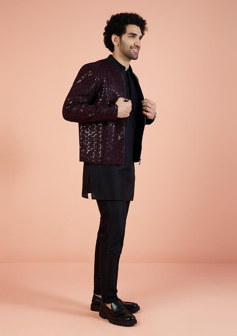 Wine Embellished Rayon Indo Western Jacket For Men