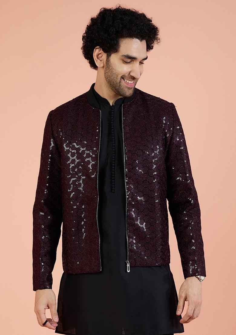 Wine Embellished Rayon Indo Western Jacket For Men