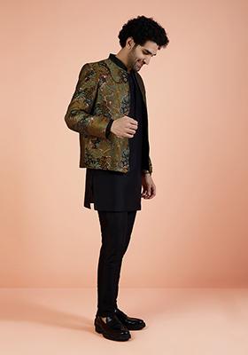 Green Abstract Print Silk Indo Western Jacket For Men