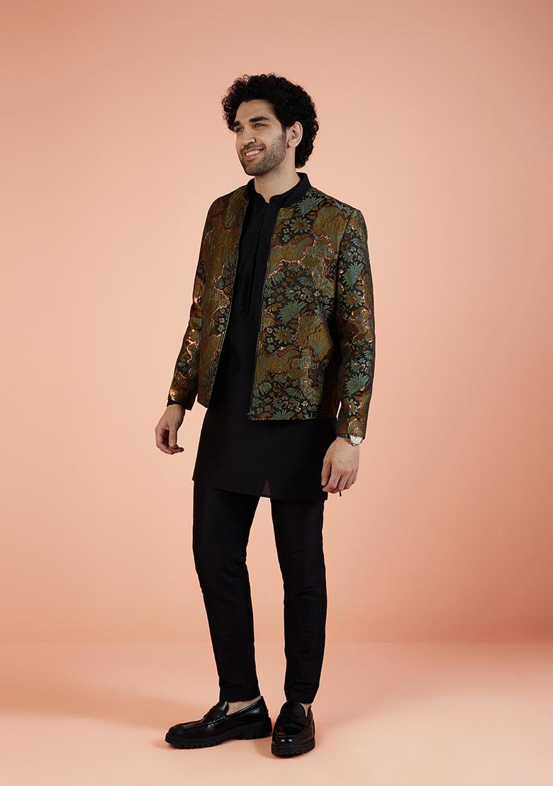 Green Abstract Print Silk Indo Western Jacket For Men