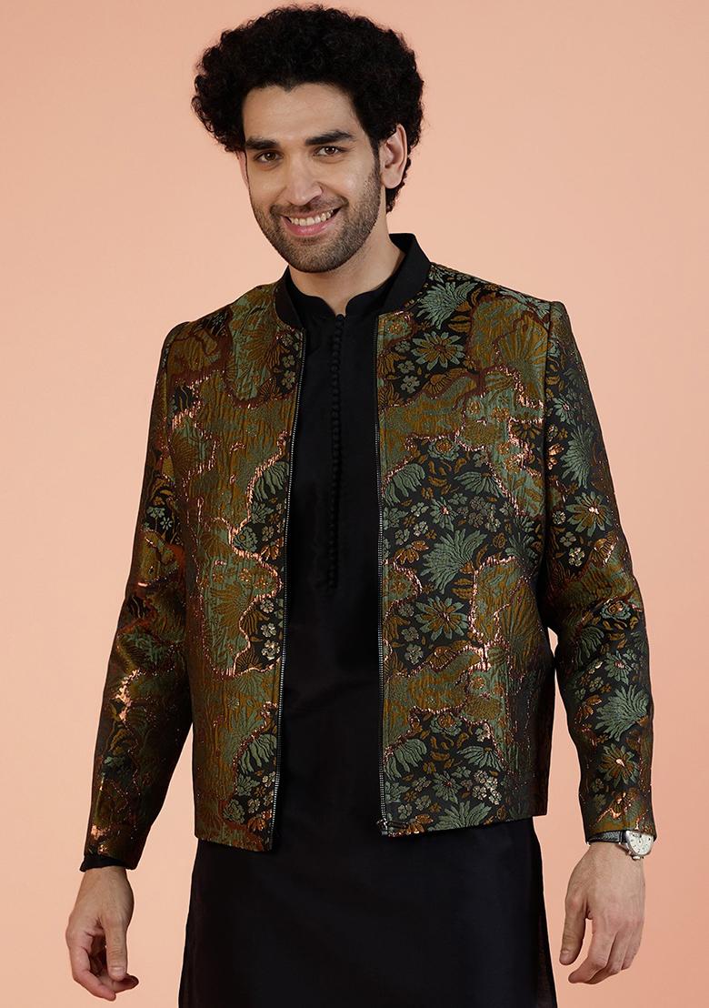 Green Abstract Print Silk Indo Western Jacket For Men