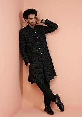 Black Embroidered Cotton Indo Western Sherwani Set For Men