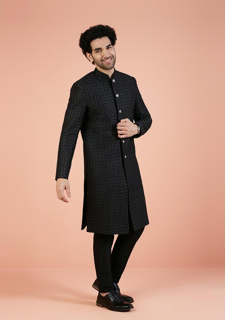 Black Embroidered Cotton Indo Western Sherwani Set For Men
