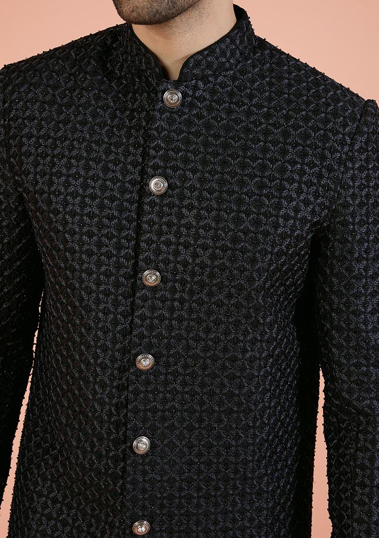 Black Embroidered Cotton Indo Western Sherwani Set For Men