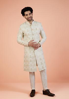 Off White Woven Design Silk Indo Western Sherwani Set For Men