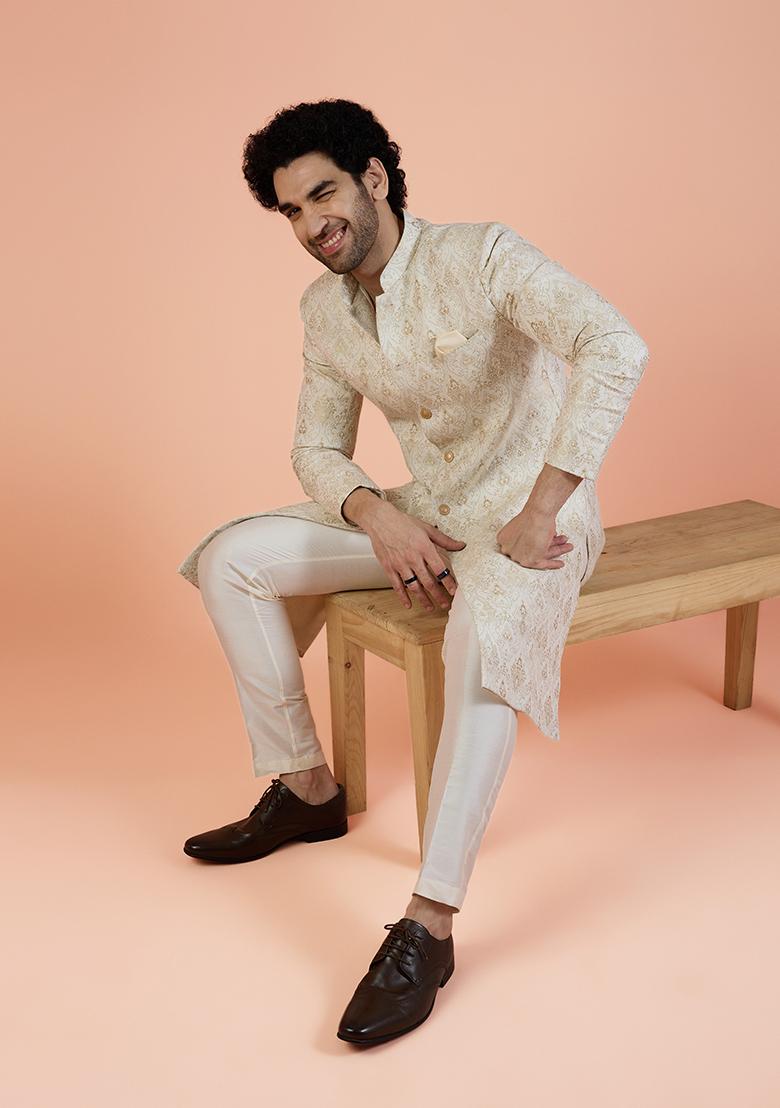 Off White Woven Design Silk Indo Western Sherwani Set For Men