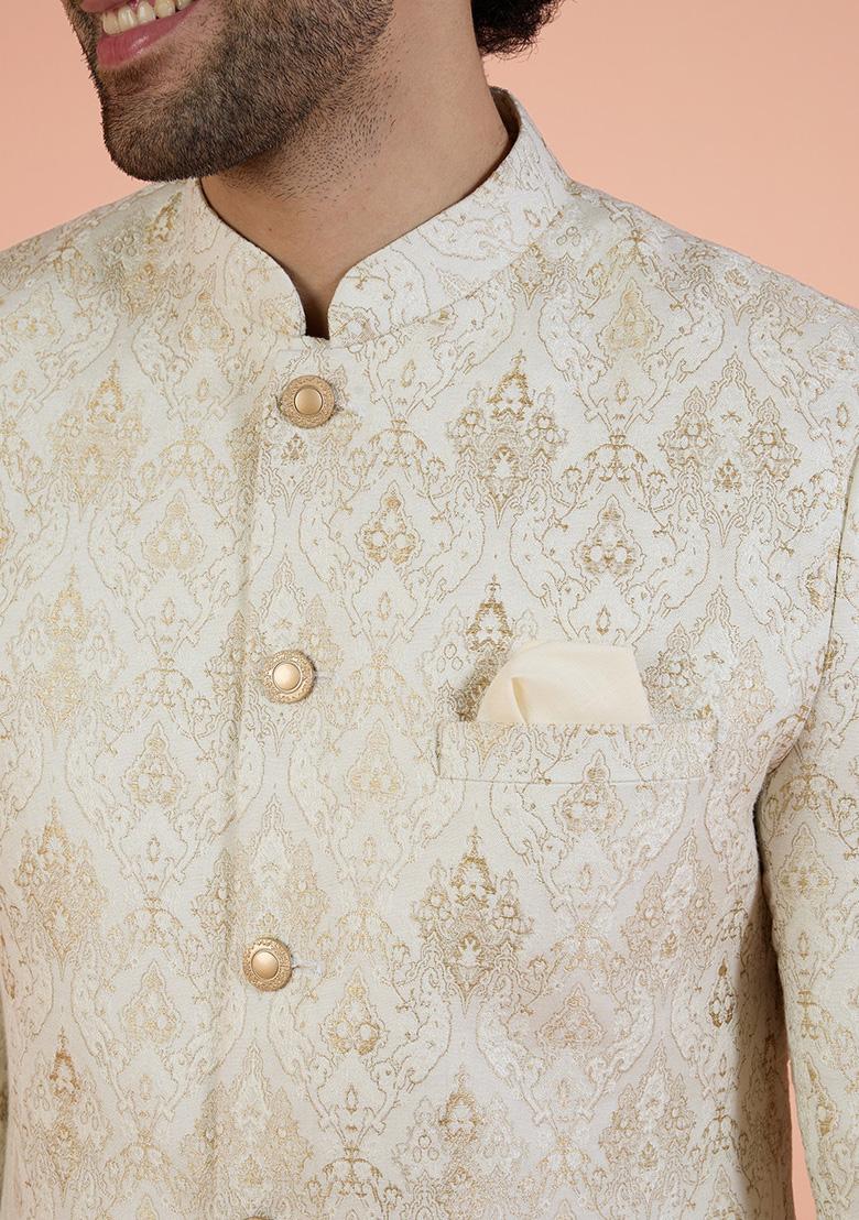 Off White Woven Design Silk Indo Western Sherwani Set For Men