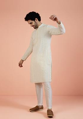 Off White Embroidered Georgette Kurta Set For Men
