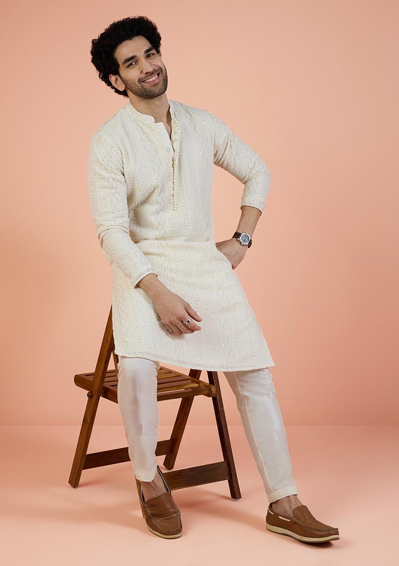 Off White Embroidered Georgette Kurta Set For Men