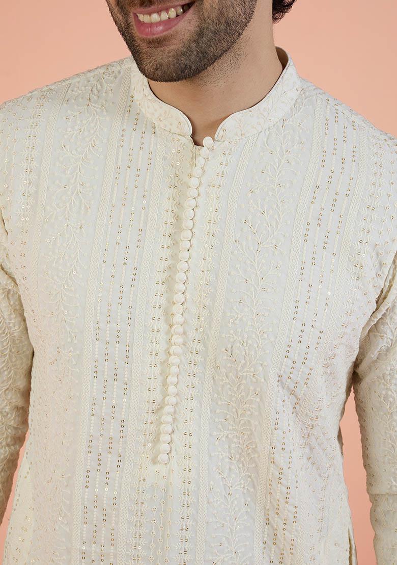 Off White Embroidered Georgette Kurta Set For Men