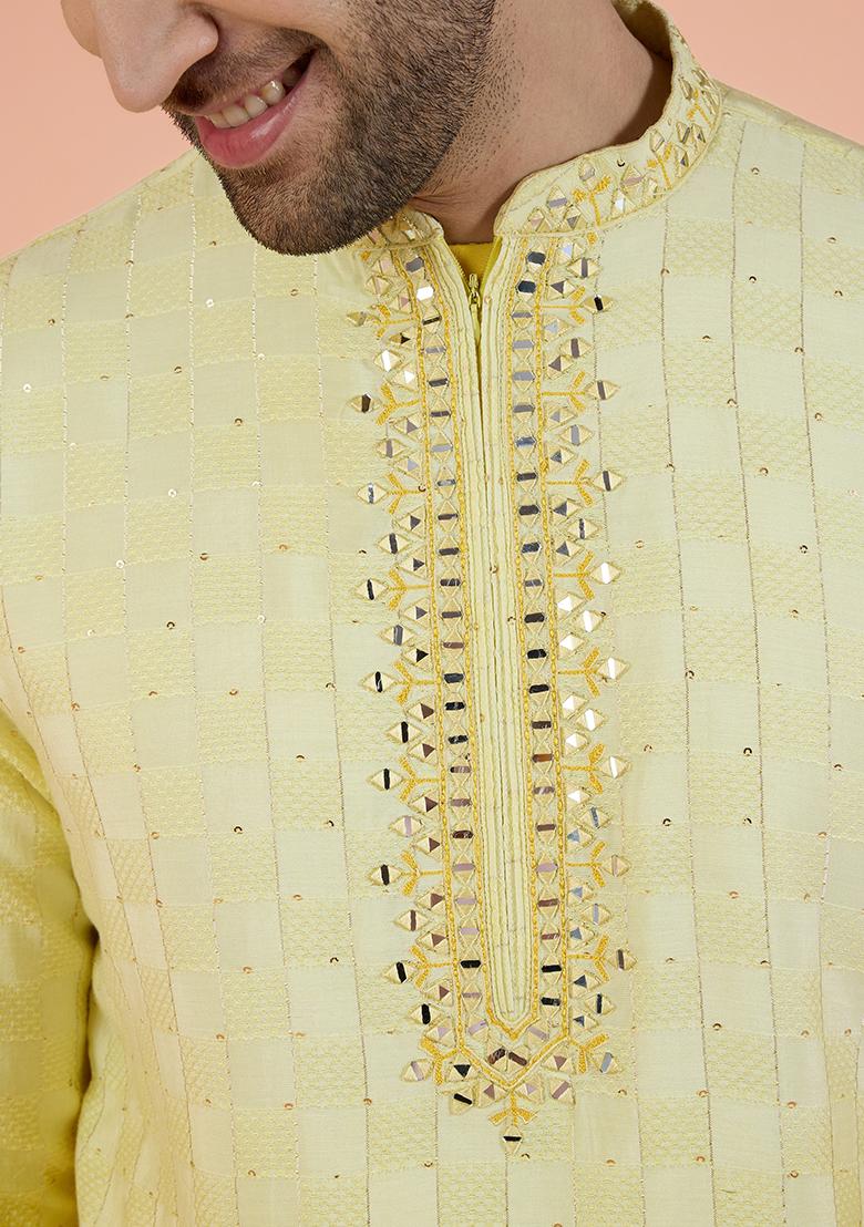 Yellow Embellished Cotton Kurta Set For Men