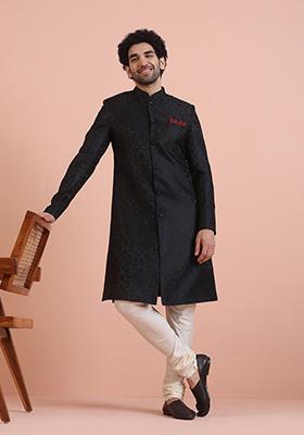 Black Embroidered Silk Indo Western Sherwani Set For Men