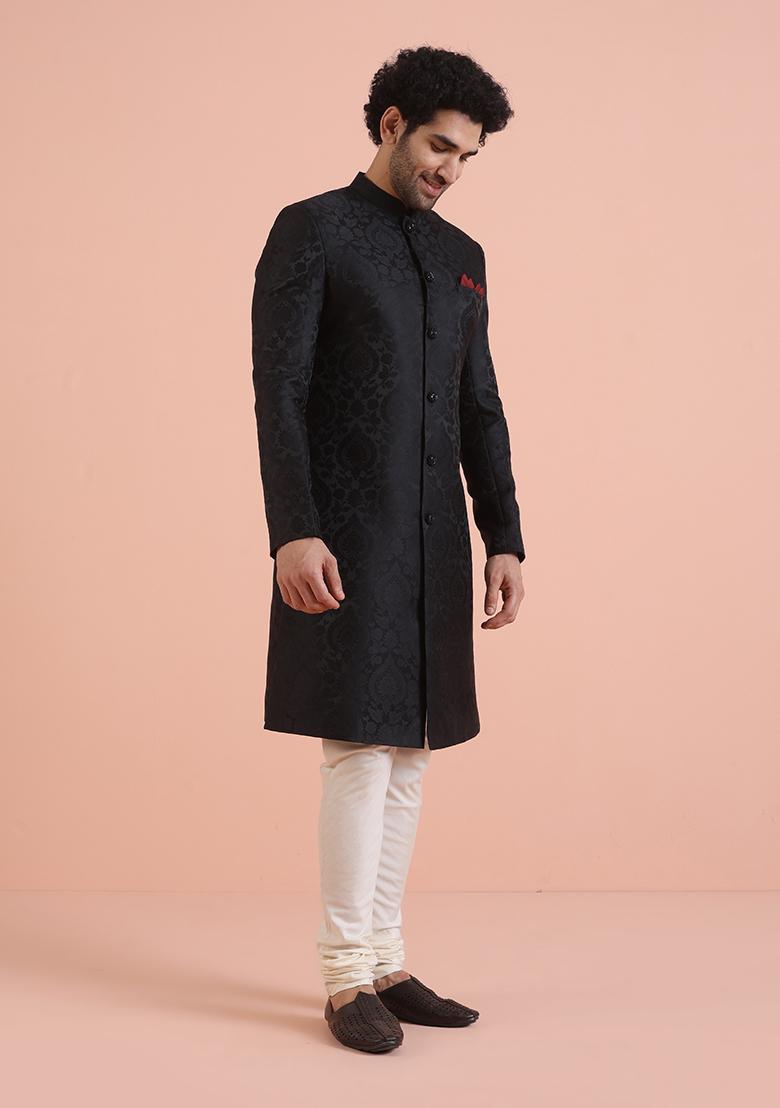 Black Embroidered Silk Indo Western Sherwani Set For Men