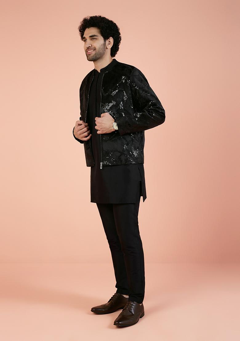 Black Abstract Print Velvet Bandhgala Jacket Set For Men
