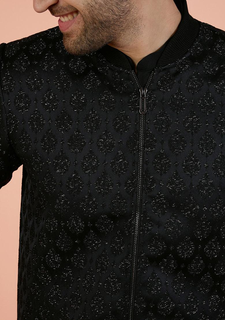 Beige Woven Design Silk Bandhgala Jacket Set For Men