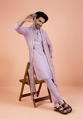 Onion Pink Embellished Cotton Indo Western Sherwani Set For Men