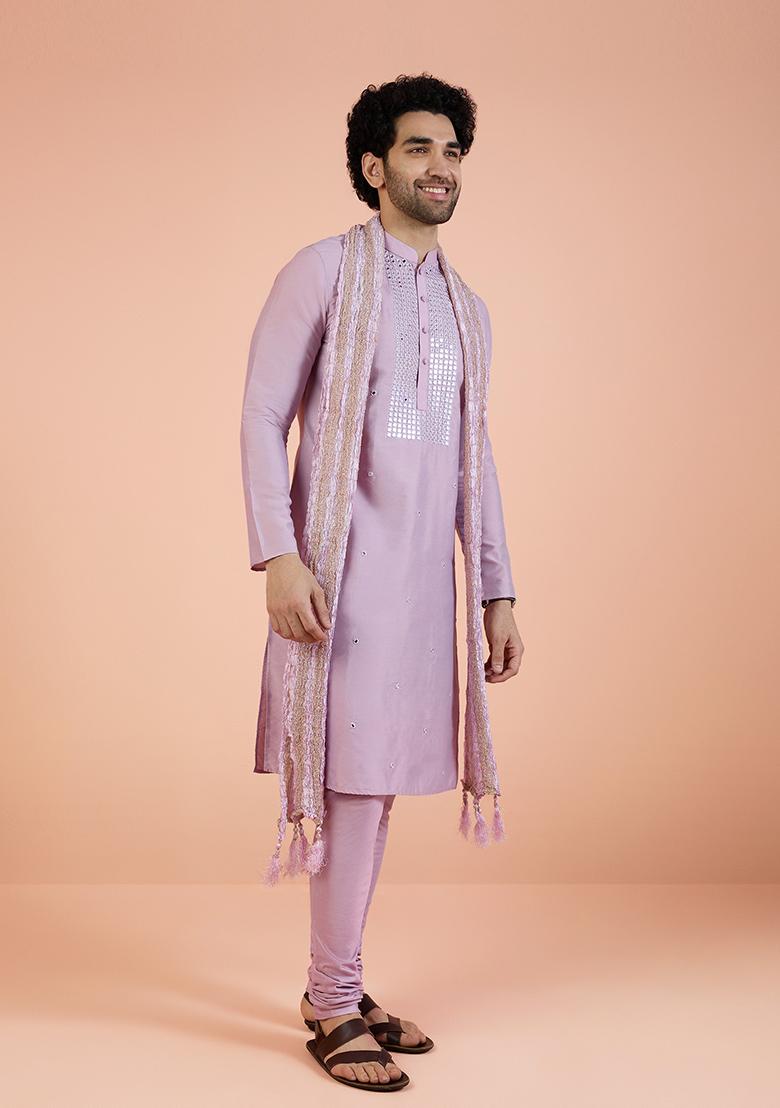 Onion Pink Embellished Cotton Indo Western Sherwani Set For Men