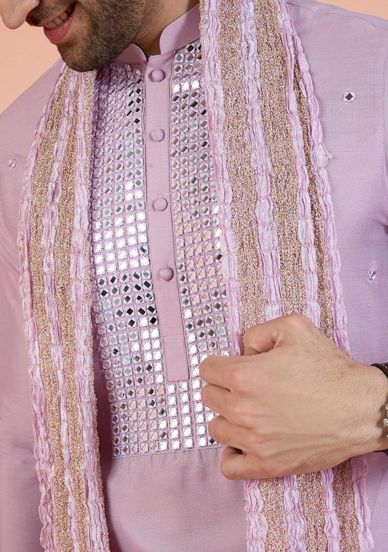 Onion Pink Embellished Cotton Indo Western Sherwani Set For Men