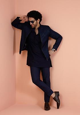 Navy Blue Woven Design Silk Bandhgala Jacket Set For Men