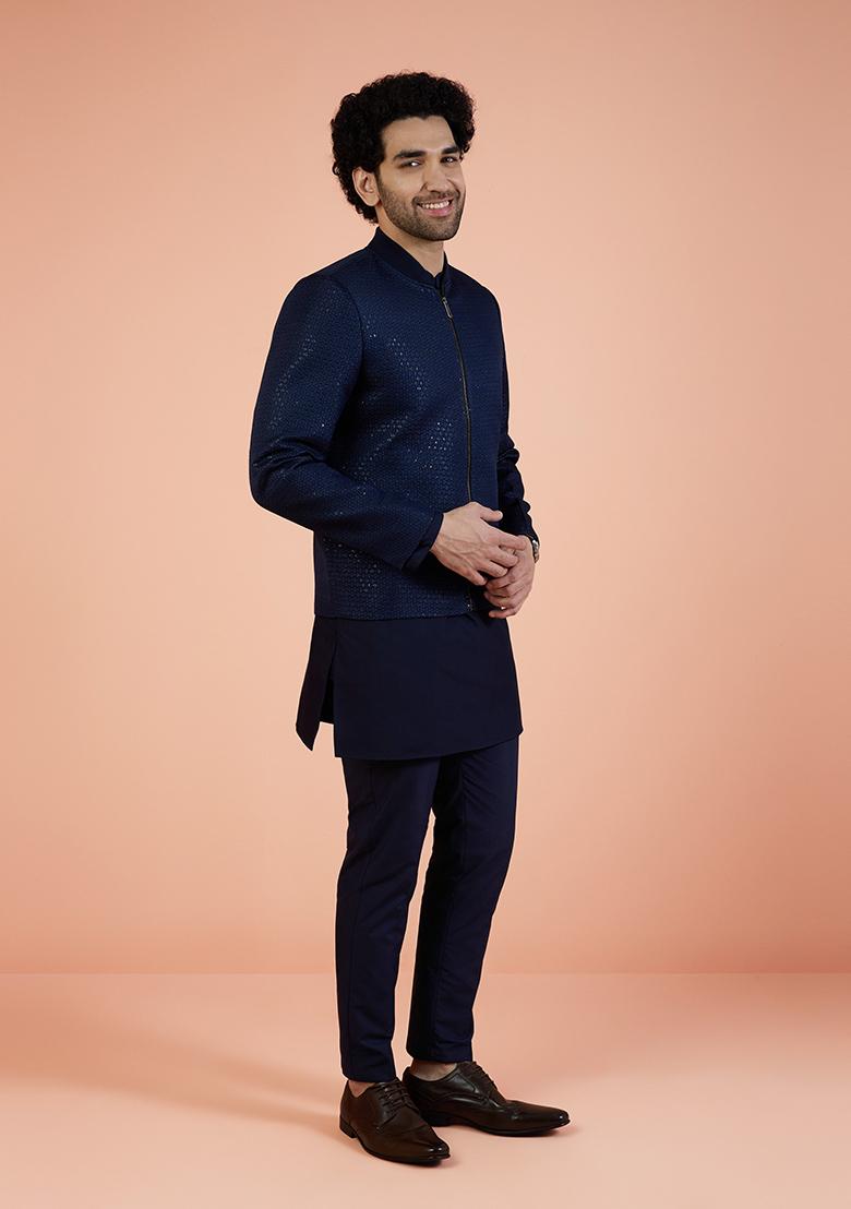 Navy Blue Woven Design Silk Bandhgala Jacket Set For Men