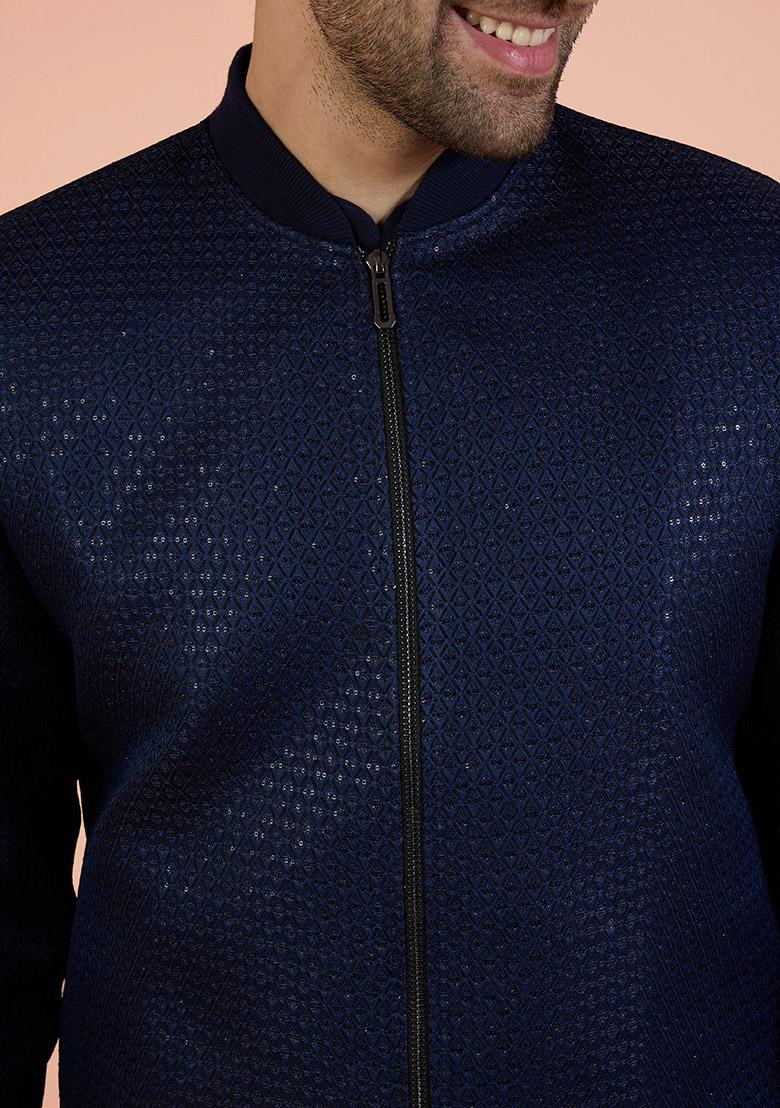 Navy Blue Woven Design Silk Bandhgala Jacket Set For Men