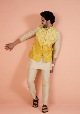 Yellow Embellished Cotton Nehru Jacket Set For Men