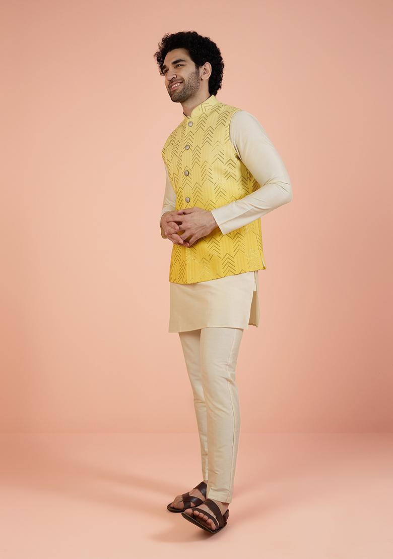 Yellow Embellished Cotton Nehru Jacket Set For Men