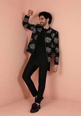 Black Embroidered Cotton Bandhgala Jacket Set For Men