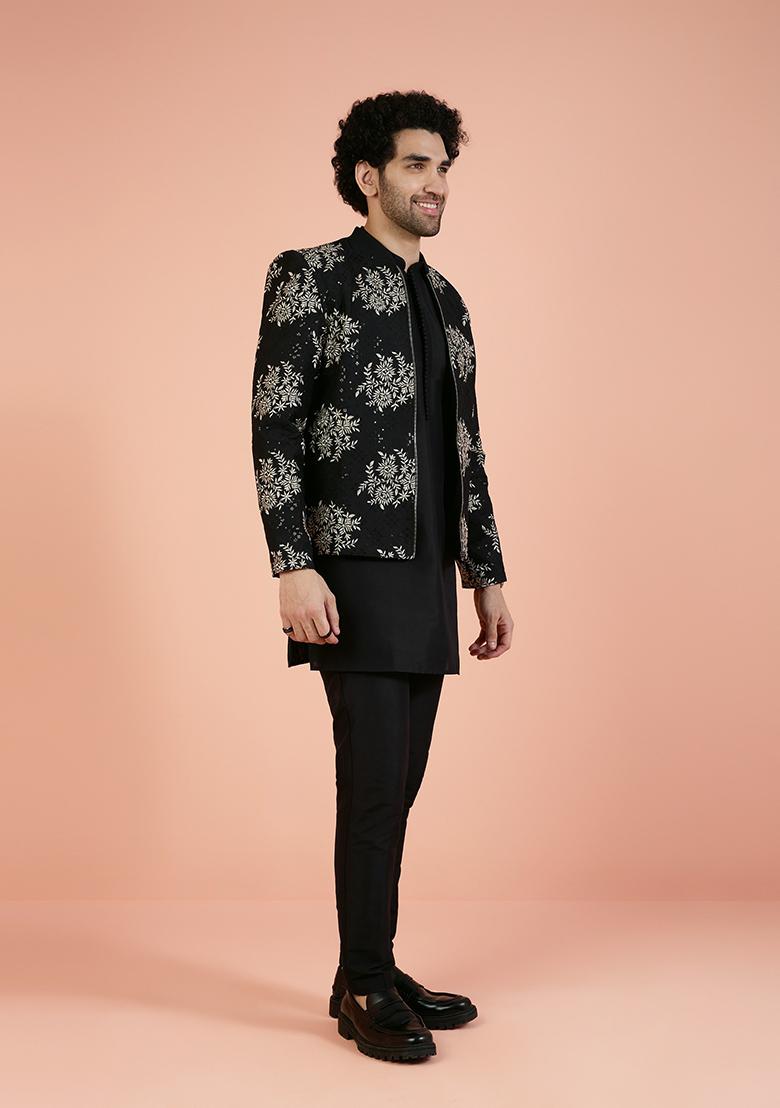 Black Embroidered Cotton Bandhgala Jacket Set For Men