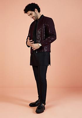 Wine Embellished Rayon Bandhgala Jacket Set For Men